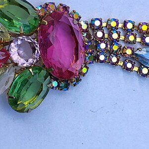 Vintage pink-yellow green, blue & AB stones. Dangle Pin.